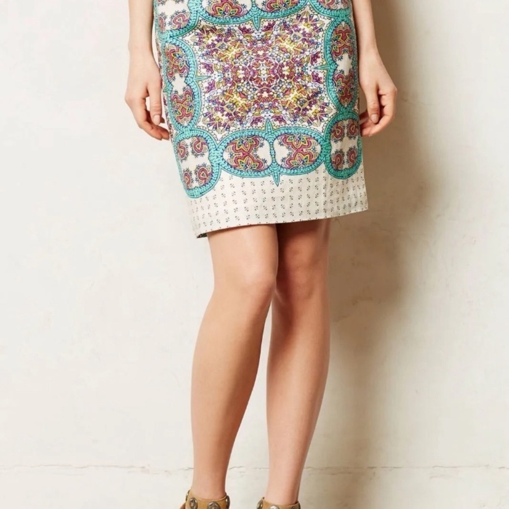 Maeve Anthropologie Cream Pencil Skirt with Teal Manolya Pattern
